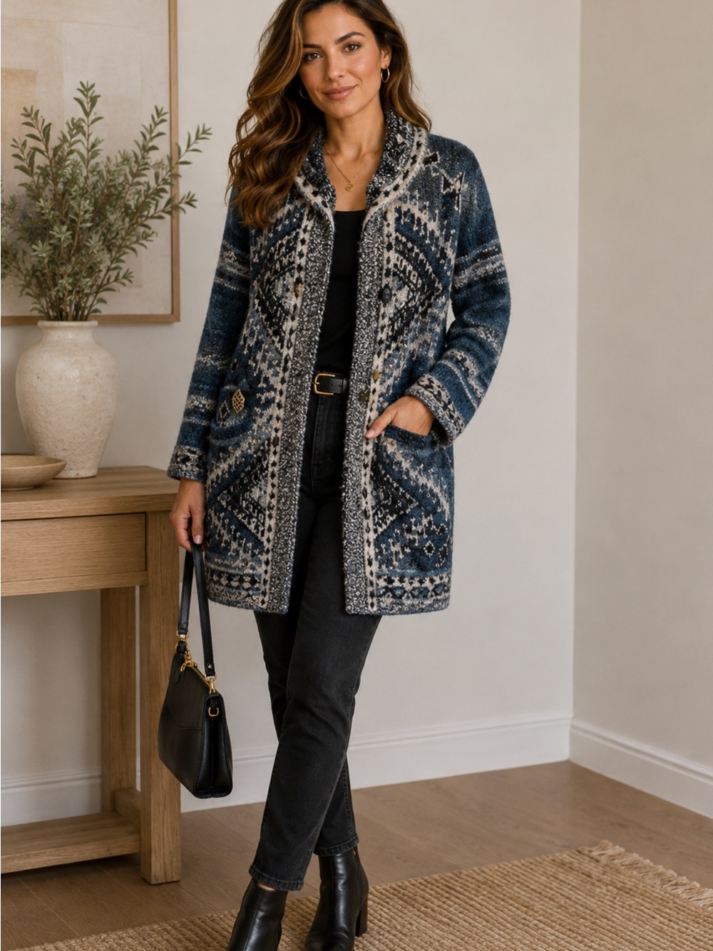 J Jill Geometric Patterned wool blend Knit Cardigan size XS blue gray black